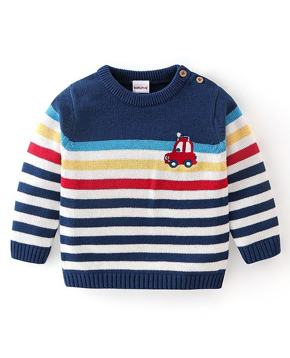 Babyhug Organic Full Sleeves Baby Sweater Set Striped with Cap - Navy Blue