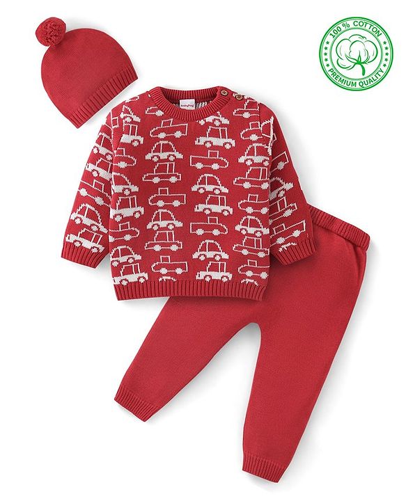 Babyhug Organic Cotton Full Sleeves Car Design Sweater Set with Cap - Red