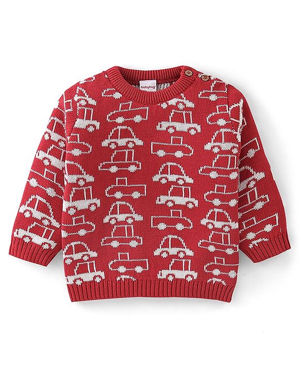 Babyhug Organic Cotton Full Sleeves Car Design Sweater Set with Cap - Red