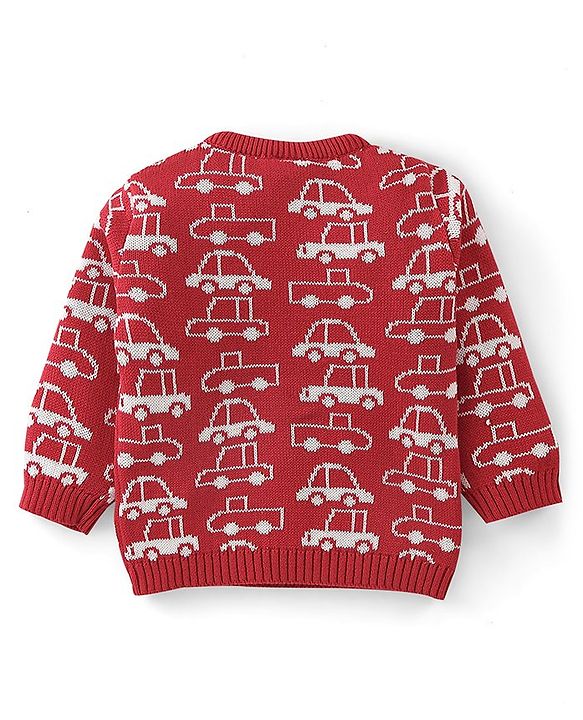 Babyhug Organic Cotton Full Sleeves Car Design Sweater Set with Cap - Red