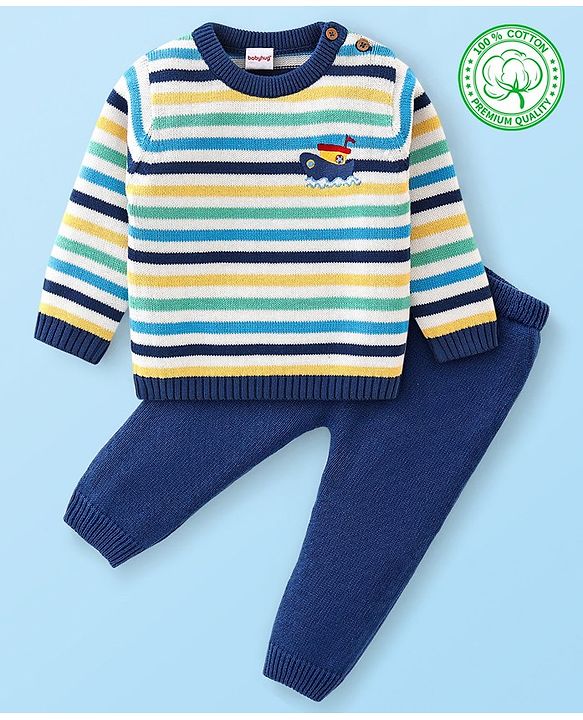 Babyhug Organic Cotton Knit Full Sleeves Striped Sweater & Pajama Set With Cap Ship Embroidery - Multicolour