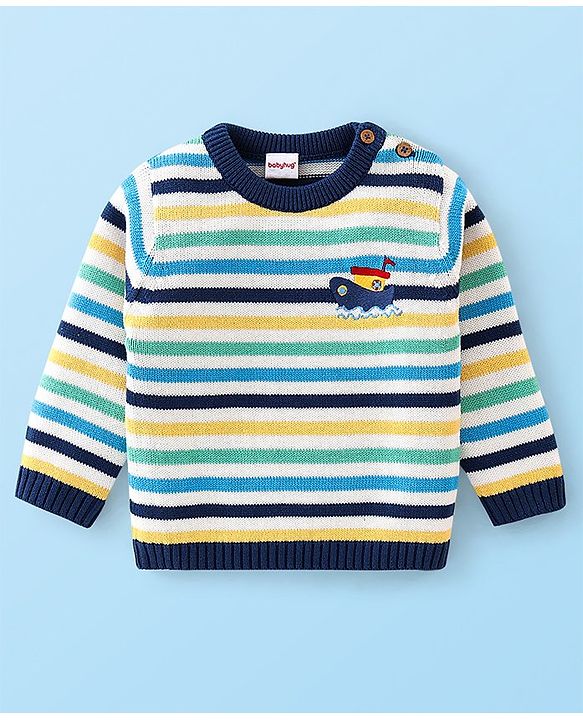Babyhug Organic Cotton Knit Full Sleeves Striped Sweater & Pajama Set With Cap Ship Embroidery - Multicolour