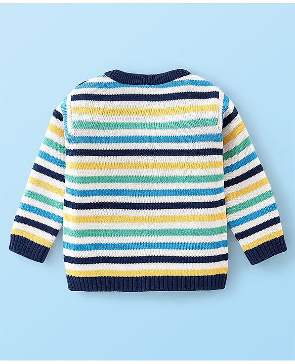 Babyhug Organic Cotton Knit Full Sleeves Striped Sweater & Pajama Set With Cap Ship Embroidery - Multicolour