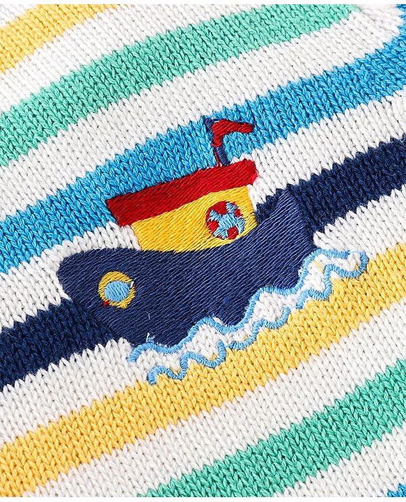 Babyhug Organic Cotton Knit Full Sleeves Striped Sweater & Pajama Set With Cap Ship Embroidery - Multicolour