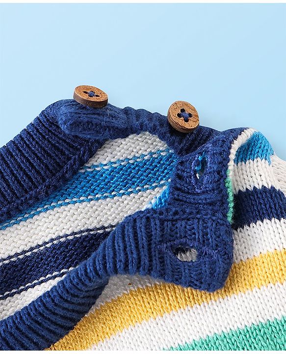 Babyhug Organic Cotton Knit Full Sleeves Striped Sweater & Pajama Set With Cap Ship Embroidery - Multicolour