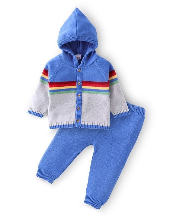 Babyhug Organic Cotton Full Sleeves Hooded Sweater Set - Blue