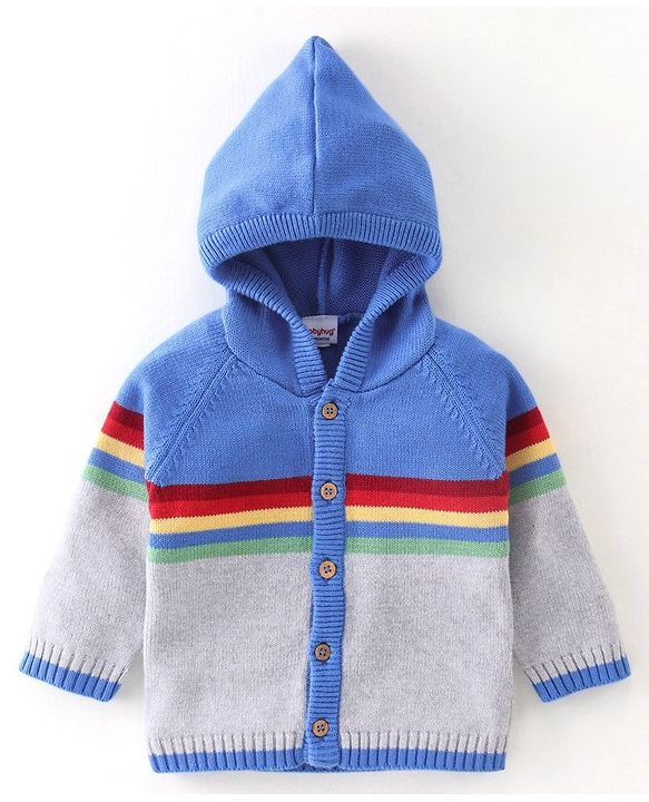 Babyhug Organic Cotton Full Sleeves Hooded Sweater Set - Blue