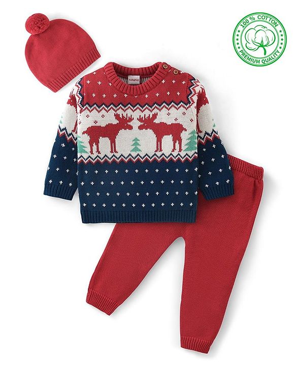 Babyhug Organic Cotton Knit Full Sleeves Reindeer Design Sweater Set with Cap - Red & Navy Blue