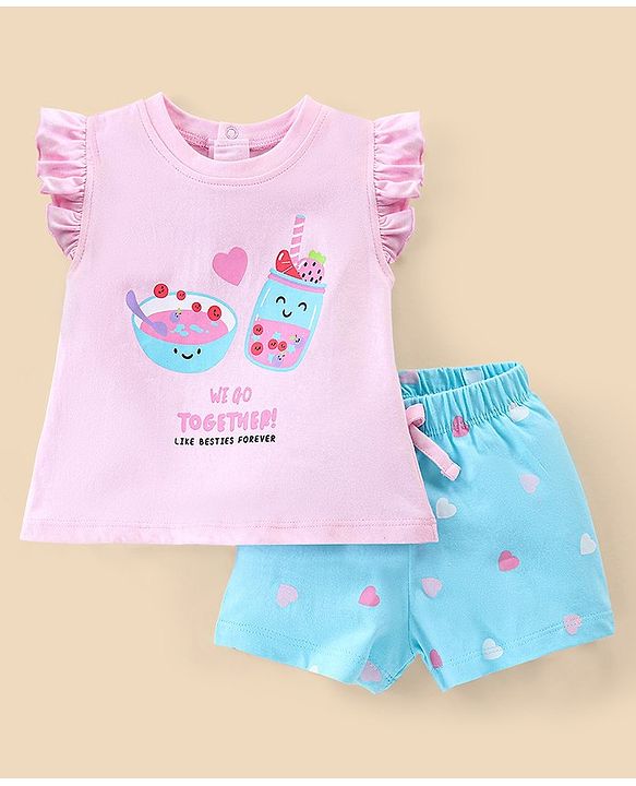 Babyhug Cotton Knit Frill Sleeves Night Suit with Smoothie Print - Pink & Sea Green