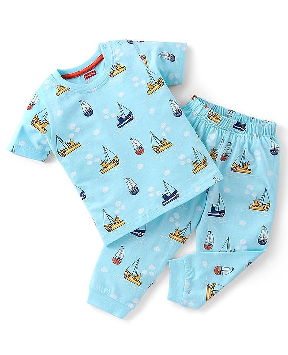 Babyhug Cotton Knit Half Sleeves Night Suit Boats Print - Blue