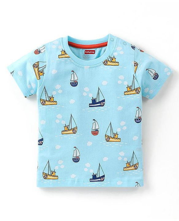 Babyhug Cotton Knit Half Sleeves Night Suit Boats Print - Blue