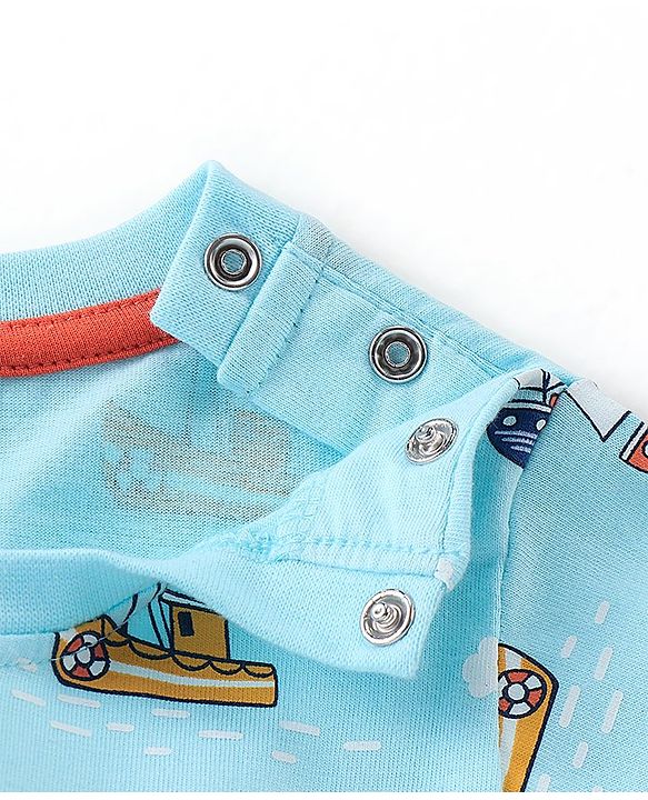 Babyhug Cotton Knit Half Sleeves Night Suit Boats Print - Blue