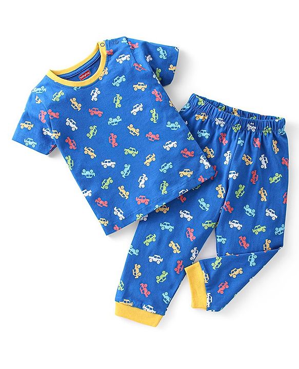 Babyhug Cotton Knit Half Sleeves Car Printed Night Suit - Blue