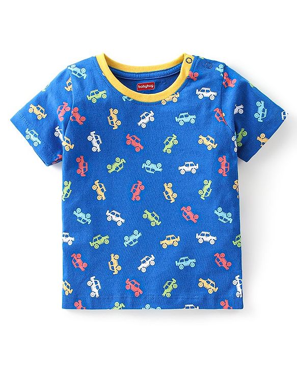 Babyhug Cotton Knit Half Sleeves Car Printed Night Suit - Blue