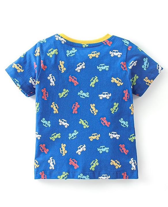 Babyhug Cotton Knit Half Sleeves Car Printed Night Suit - Blue