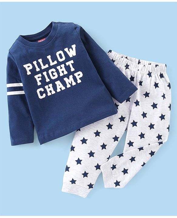 Babyhug Cotton Knit Full Sleeves Night Suit with Text & Stars Print - Blue & Light Grey