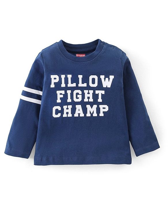 Babyhug Cotton Knit Full Sleeves Night Suit with Text & Stars Print - Blue & Light Grey
