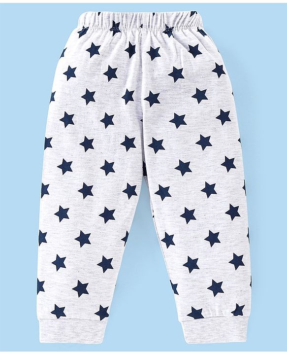 Babyhug Cotton Knit Full Sleeves Night Suit with Text & Stars Print - Blue & Light Grey