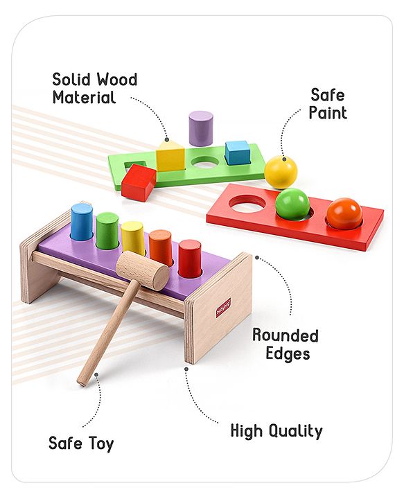 Babyhug Wooden Montessori  Activity Hammer Toy - Multicolour