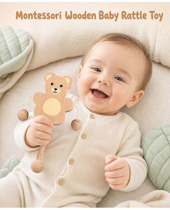 Babyhug Montessori Wooden Baby Rattle Toy - Beige | Wooden Rattle With Soothing Sound  | Stimulates Sensory Development & Grip Strength | Eco-Friendly & Safe | BIS Certified