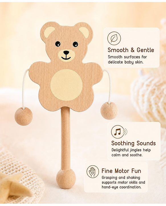 Babyhug Montessori Wooden Baby Rattle Toy - Beige | Wooden Rattle With Soothing Sound  | Stimulates Sensory Development & Grip Strength | Eco-Friendly & Safe | BIS Certified