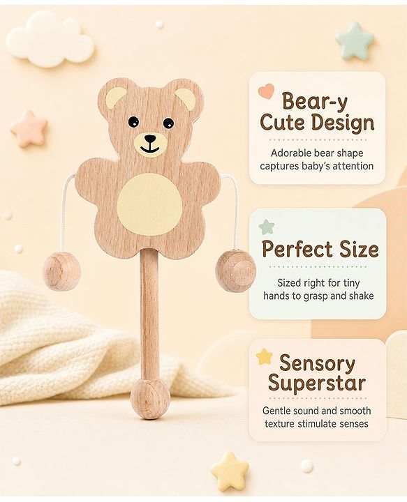 Babyhug Montessori Wooden Baby Rattle Toy - Beige | Wooden Rattle With Soothing Sound  | Stimulates Sensory Development & Grip Strength | Eco-Friendly & Safe | BIS Certified