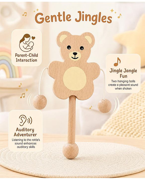 Babyhug Montessori Wooden Baby Rattle Toy - Beige | Wooden Rattle With Soothing Sound  | Stimulates Sensory Development & Grip Strength | Eco-Friendly & Safe | BIS Certified