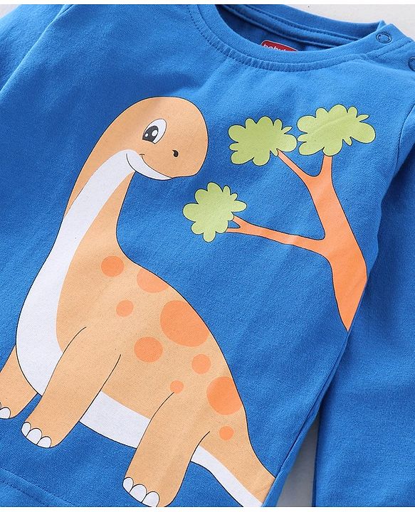 Babyhug Cotton Knit Full Sleeves Night Suit Stripes & Dino Print - Blue