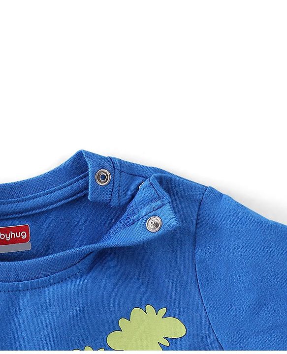 Babyhug Cotton Knit Full Sleeves Night Suit Stripes & Dino Print - Blue