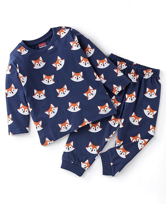 Babyhug Cotton Full Sleeves Night Suit With Fox Print - Navy Blue