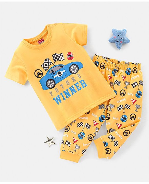 Babyhug Cotton Knit Half Sleeves Night Suit Car Print - Yellow