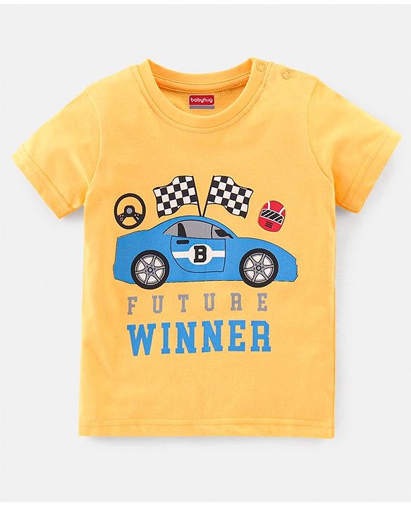 Babyhug Cotton Knit Half Sleeves Night Suit Car Print - Yellow