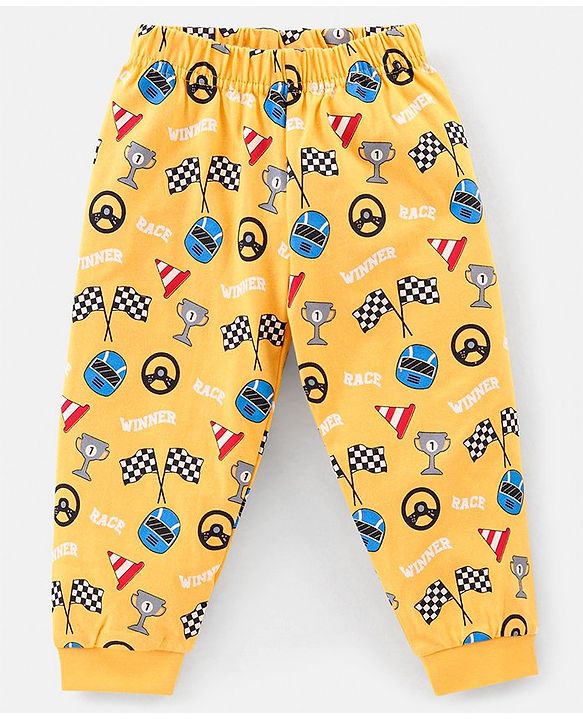 Babyhug Cotton Knit Half Sleeves Night Suit Car Print - Yellow