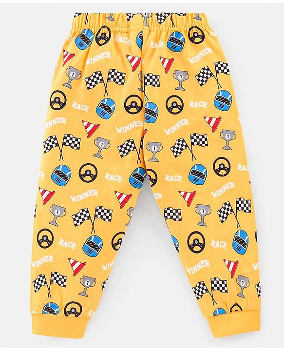 Babyhug Cotton Knit Half Sleeves Night Suit Car Print - Yellow