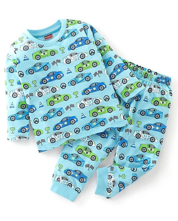 Babyhug Cotton Jersey Full Sleeves Night Suit Car Print - Blue