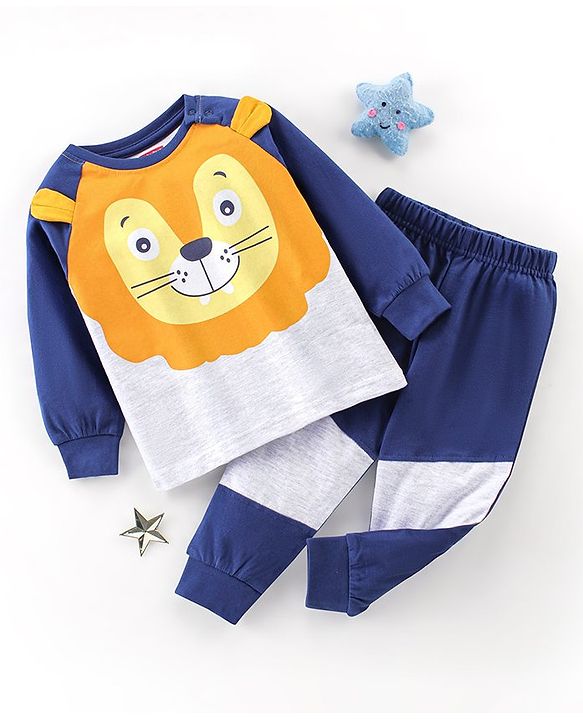 Babyhug Cotton Knit Full Sleeves Night Suit with Animal Print - Blue