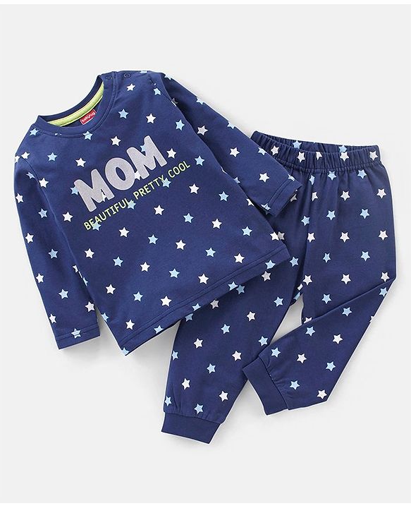 Babyhug Cotton Knit Full Sleeves Night Suit Text & Star Print - Blue