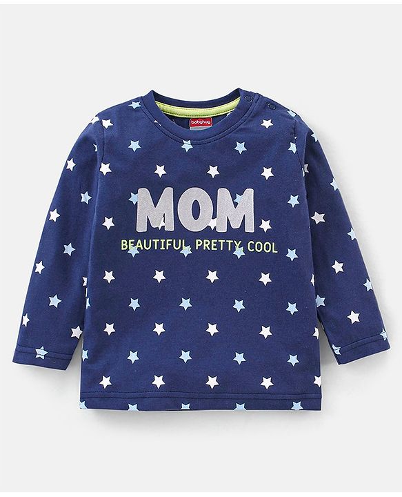 Babyhug Cotton Knit Full Sleeves Night Suit Text & Star Print - Blue
