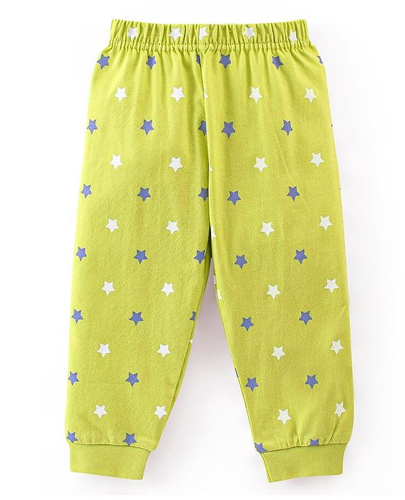 Babyhug Cotton Knit Full Sleeves Night Suit With Text & Stars Print - Green