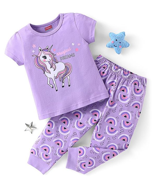 Babyhug Cotton Knit Half Sleeves Night Suit with Unicorn Print - Lavender