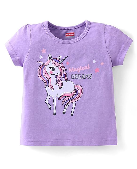 Babyhug Cotton Knit Half Sleeves Night Suit with Unicorn Print - Lavender