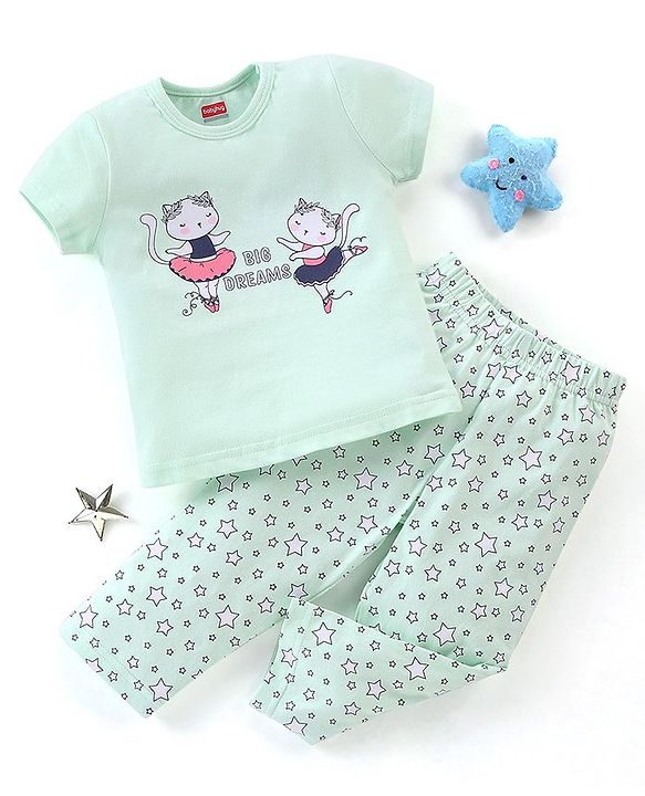 Babyhug Cotton Knit Half Sleeves Night Suit Sweet Kitty Print - Blue