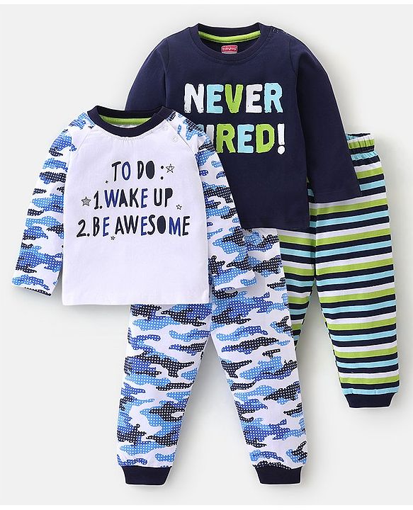 Babyhug Cotton Full Sleeves Night Suit Camouflage & Striped Print Pack of 2- Lavender & Green