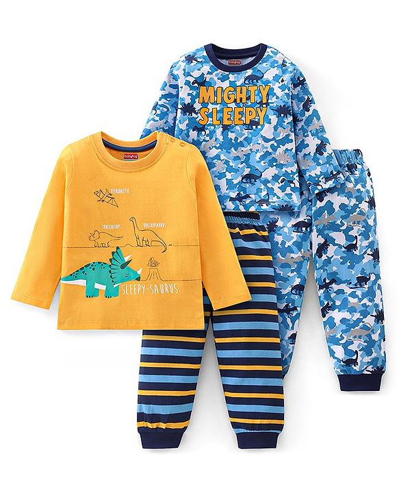 Babyhug Cotton Knit Full Sleeves Camouflage & Dino Printed Night Suits Pack of 2 - Blue & Yellow