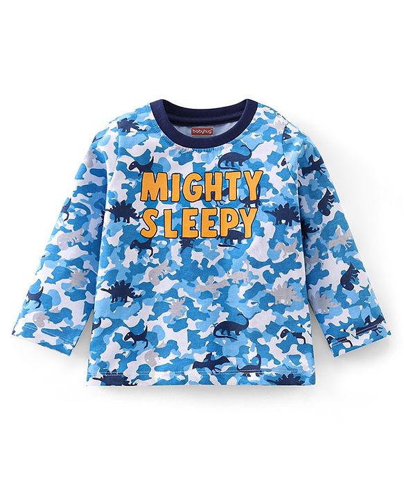 Babyhug Cotton Knit Full Sleeves Camouflage & Dino Printed Night Suits Pack of 2 - Blue & Yellow