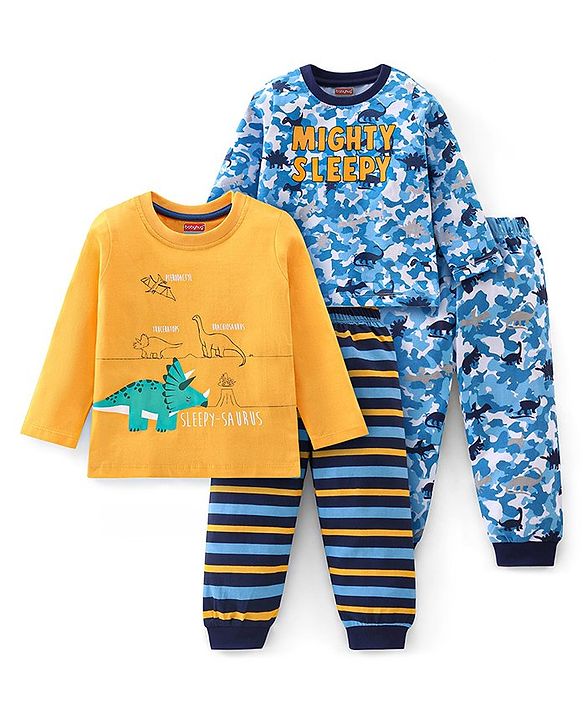 Babyhug Cotton Knit Full Sleeves Camouflage & Dino Printed Night Suits Pack of 2 - Blue & Yellow