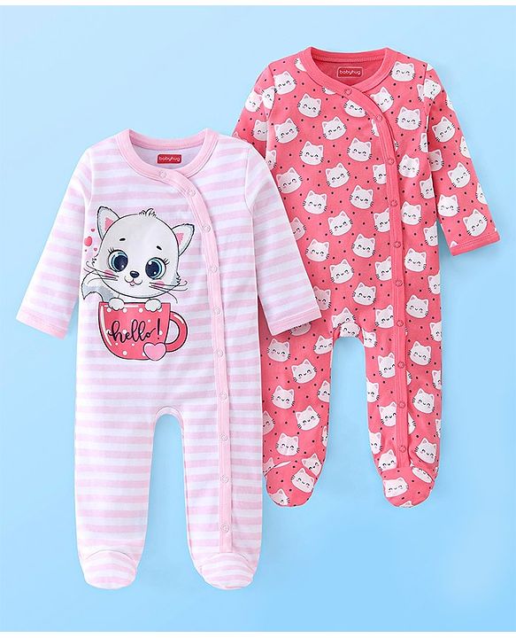 Babyhug Cotton Knit Full Sleeves Footed Sleepsuit Kitty Print Pack of 2 - Red & Pink