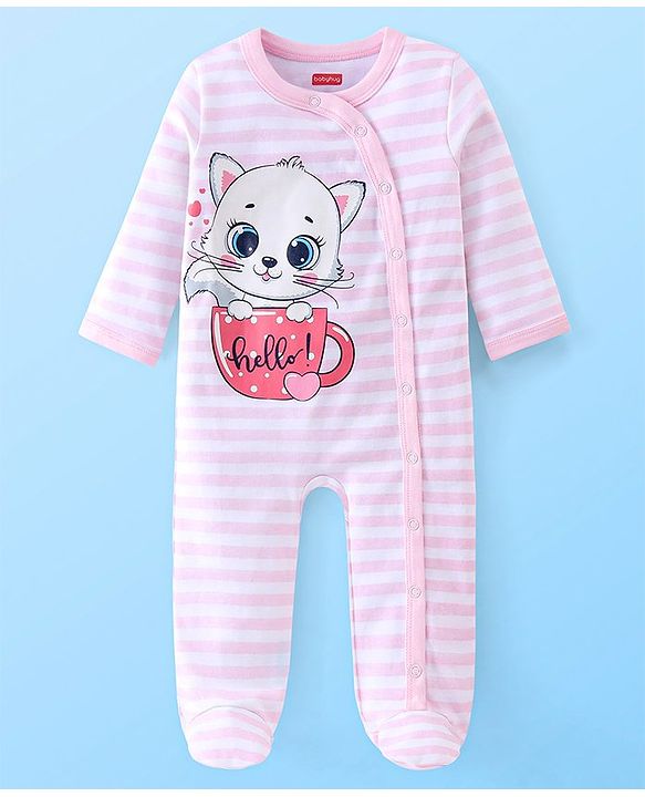 Babyhug Cotton Knit Full Sleeves Footed Sleepsuit Kitty Print Pack of 2 - Red & Pink