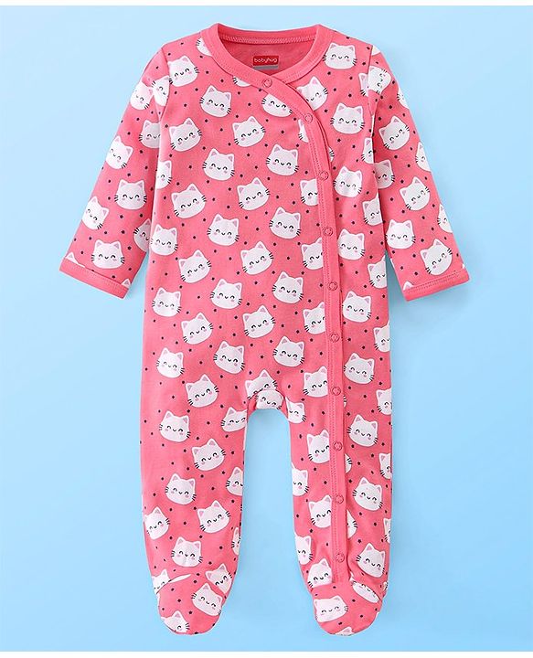 Babyhug Cotton Knit Full Sleeves Footed Sleepsuit Kitty Print Pack of 2 - Red & Pink