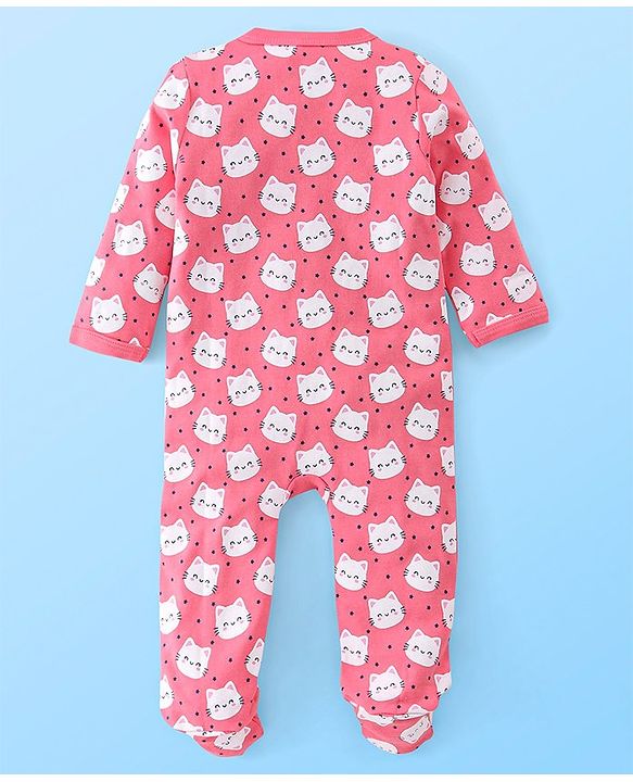 Babyhug Cotton Knit Full Sleeves Footed Sleepsuit Kitty Print Pack of 2 - Red & Pink